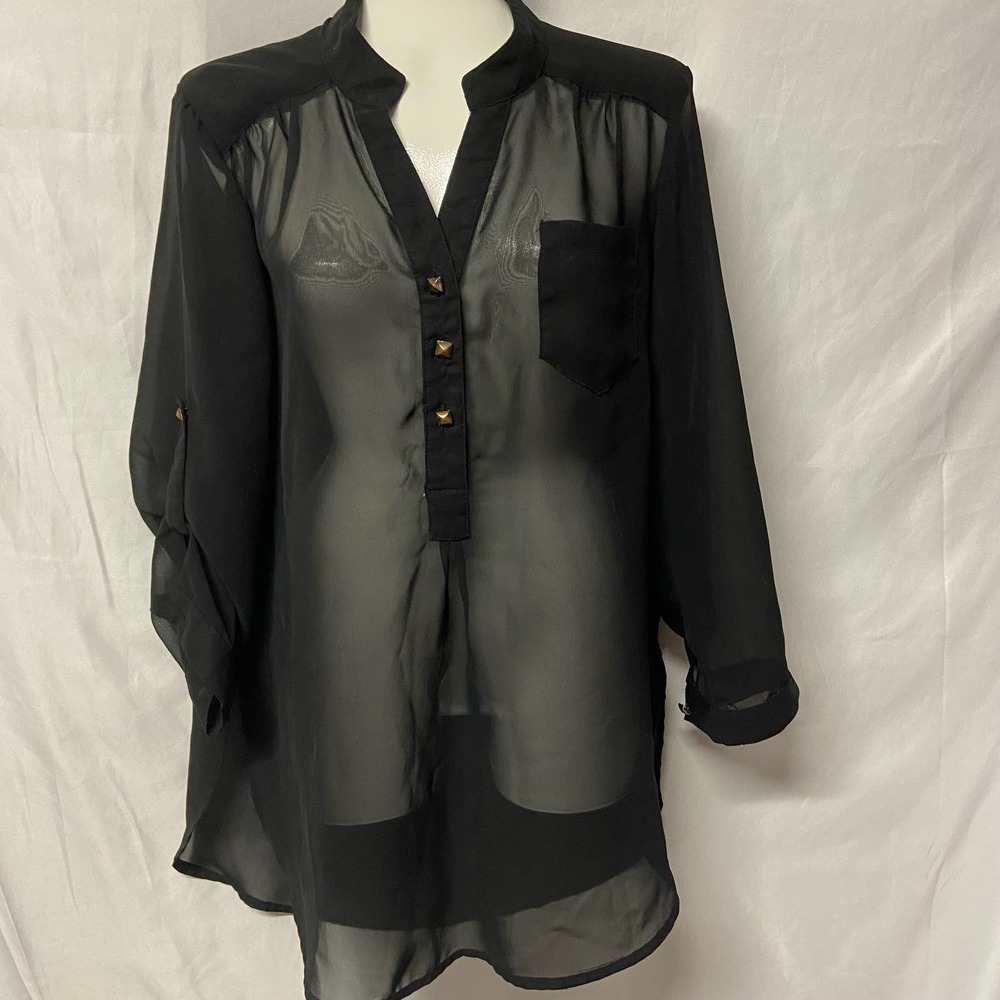 Live 4 Truth Top Blouse Black Shear 1/4 Button Up Tab Sleeve
